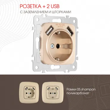 Розетка с заземлением, шторками + 2 USB, 16A 250V, USB DC 5V 2.1A 205.47-1.shampan Розетка с заземлением, шторками + 2 USB, 16A 250V, USB DC 5V 2.1A 205.47-1.shampan
