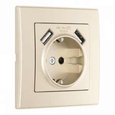Комплект розетки с заземлением, шторками, рамкой однопостовой + 2 USB Arte Milano SET06-1-47-1 shampan Комплект розетки с заземлением, шторками, рамкой однопостовой + 2 USB Arte Milano SET06-1-47-1 shampan