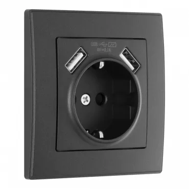 Комплект розетки с заземлением, шторками, рамкой однопостовой + 2 USB Arte Milano SET06-1-47-1 black