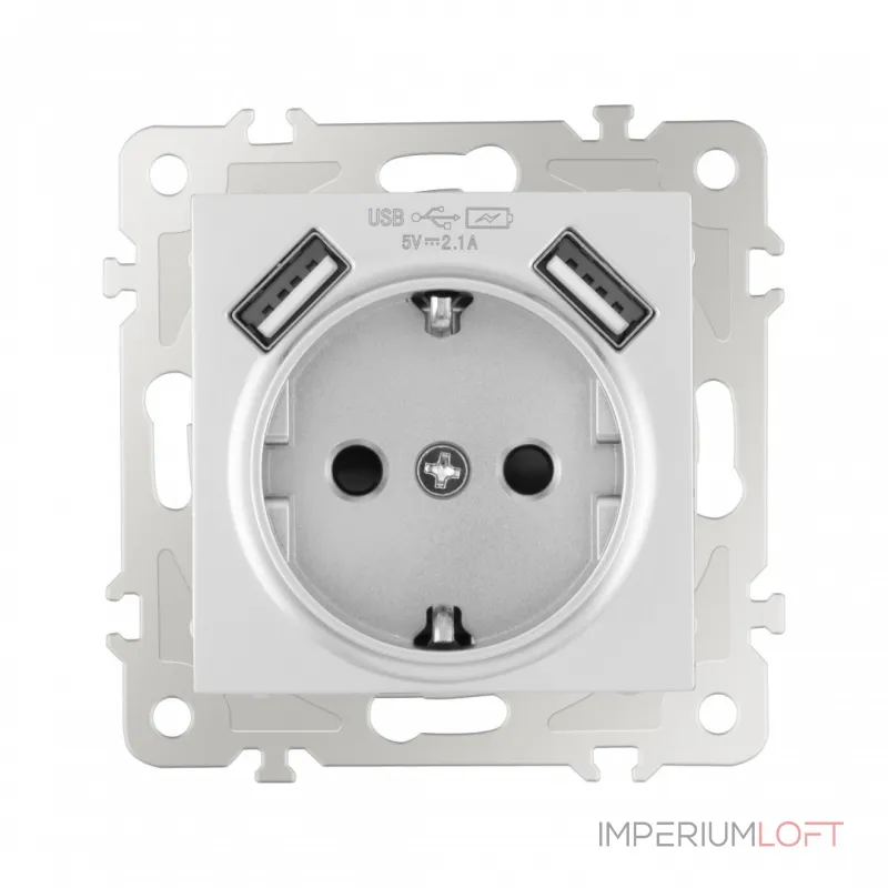 Розетка с заземлением, шторками + 2 USB, 16A 250V, USB DC 5V 2.1A 206.47-1.silver от ImperiumLoft