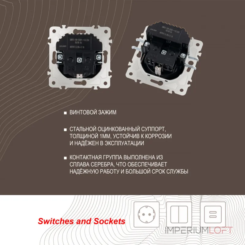 Комплект розетки с заземлением, шторками, рамкой однопостовой + 2 USB Arte Milano SET06-1-47-1 black от ImperiumLoft