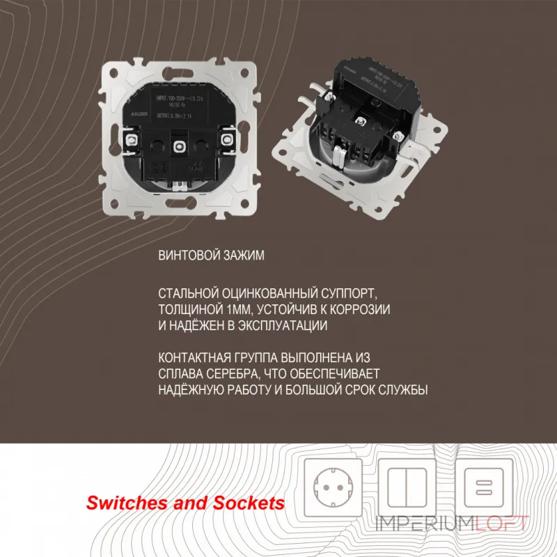 Розетка с заземлением, шторками + 2 USB, 16A 250V, USB DC 5V 2.1A 206.47-1.silver от ImperiumLoft