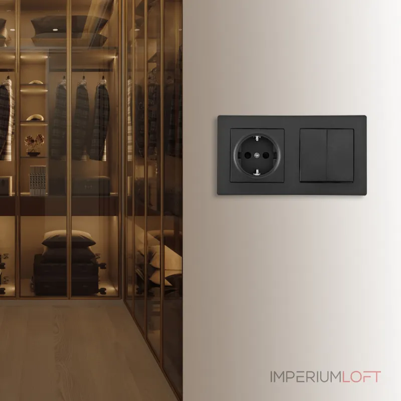 Выключатель двухклавишный с розеткой, заземлением, шторками Arte Milano SET06-2-30-2-40-1 black от ImperiumLoft