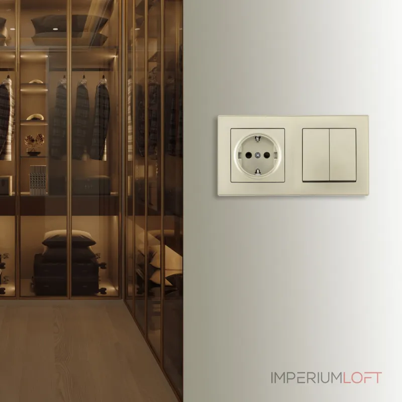 Выключатель двухклавишный с розеткой, заземлением, шторками Arte Milano SET06-2-30-2-40-1 shampan от ImperiumLoft