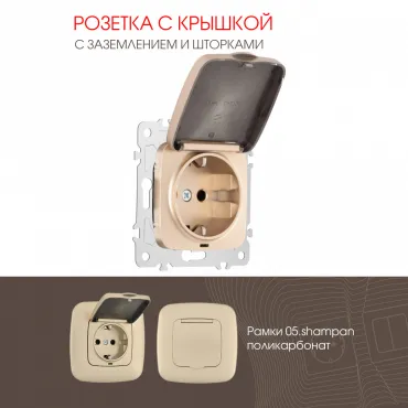 Розетка с заземлением, шторками и защитной крышкой, 16A 250V 205.41-1.shampan Розетка с заземлением, шторками и защитной крышкой, 16A 250V 205.41-1.shampan
