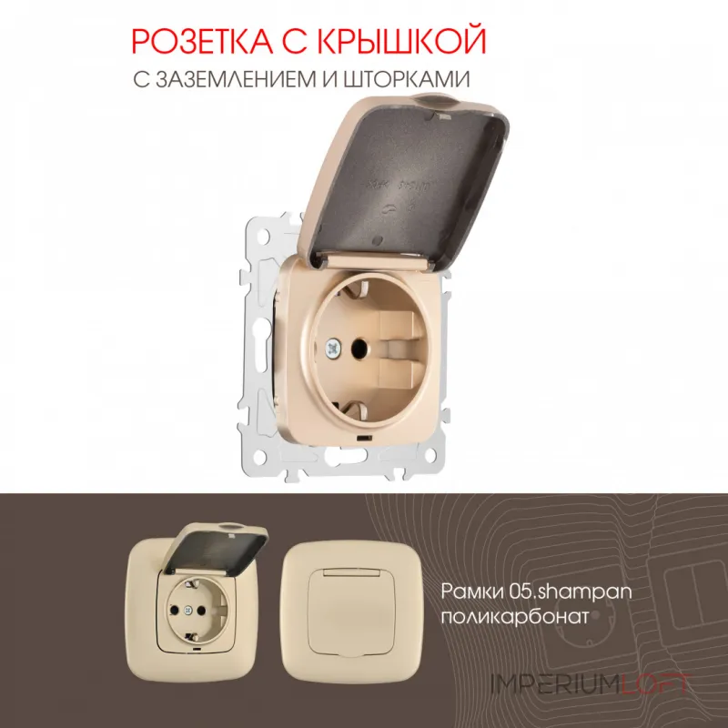 Розетка с заземлением, шторками и защитной крышкой, 16A 250V 205.41-1.shampan от ImperiumLoft
