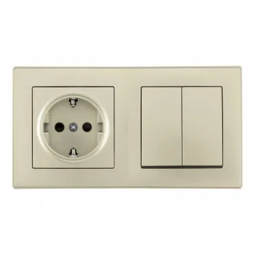 Выключатель двухклавишный с розеткой, заземлением, шторками Arte Milano SET06-2-30-2-40-1 shampan