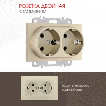 Розетка двойная с заземлением, 16A 250V 206.40-2.shampan