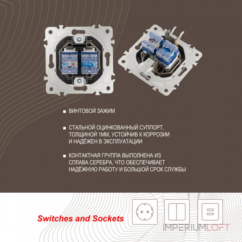 Розетка телефонная RJ11 + компьютерная RJ45 205.44-1.shampan от ImperiumLoft