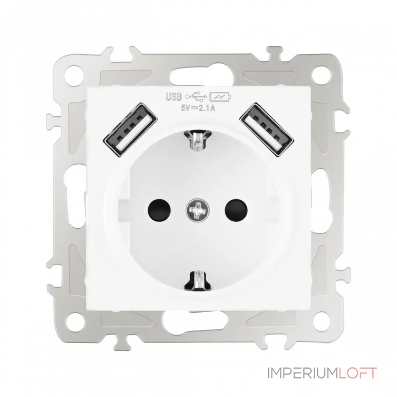 Розетка с заземлением, шторками + 2 USB, 16A 250V, USB DC 5V 2.1A 206.47-1.white от ImperiumLoft