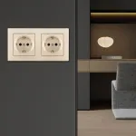 Розетка двойная (двухпостовая) с заземлением и шторками Arte Milano SET06-2-40-1x2 shampan от ImperiumLoft