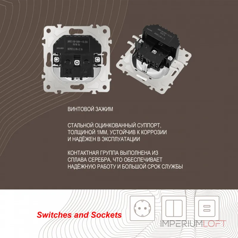 Розетка с заземлением, шторками + 2 USB, 16A 250V, USB DC 5V 2.1A 206.47-1.white от ImperiumLoft