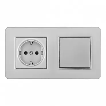 Выключатель одноклавишный с розеткой, заземлением, шторками Arte Milano SET16-2-40-1-30-1 silver
