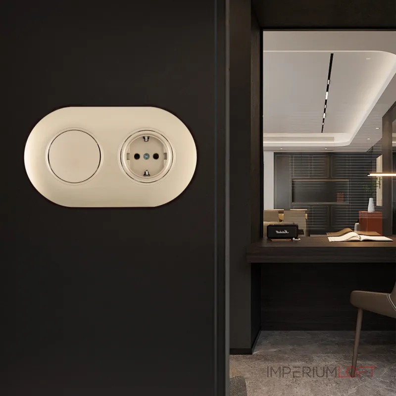 Выключатель круглый одноклавишный с розеткой, заземлением, шторками Arte Milano SET08-2-40-1-30-1 shampan от ImperiumLoft