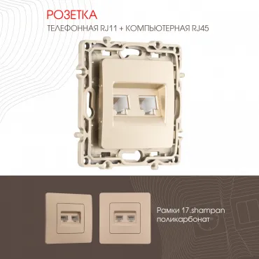 Розетка телефонная RJ11 + компьютерная RJ45 217.44-1.shampan