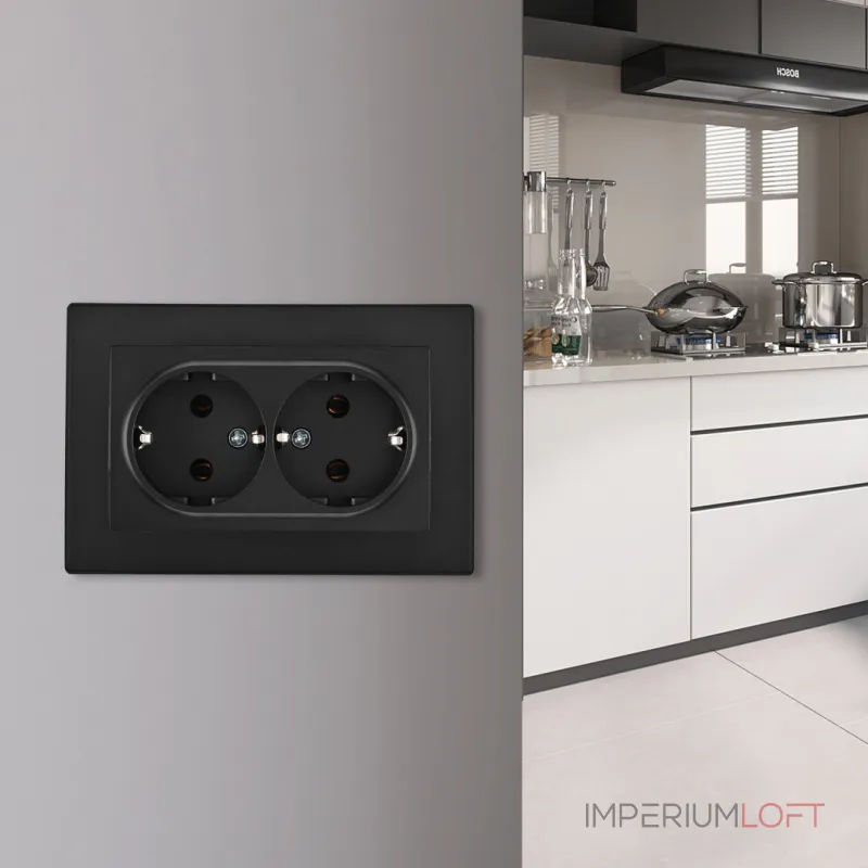 Розетка двойная с заземлением и шторками Arte Milano SET06-double-40-2 black от ImperiumLoft