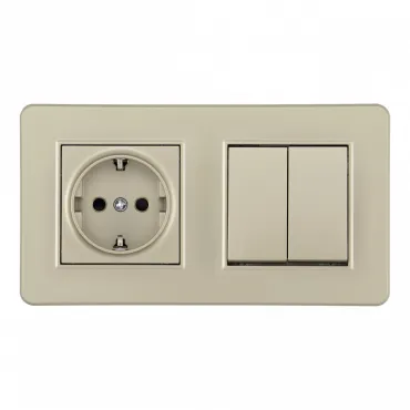 Выключатель двухклавишный с розеткой, заземлением, шторками Arte Milano SET16-2-40-1-30-2 shampan
