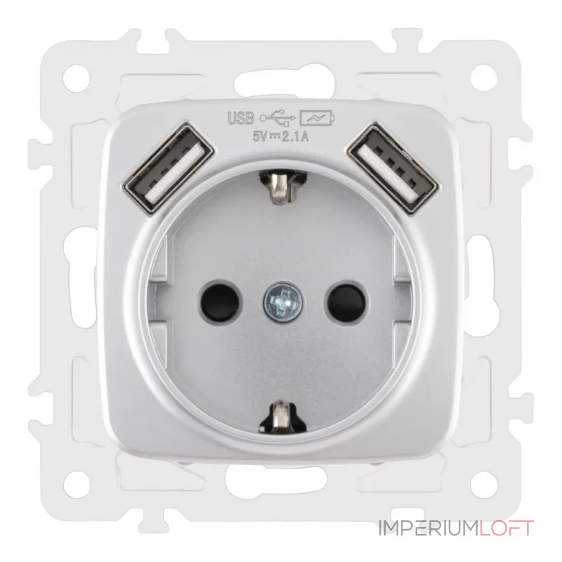 Розетка с заземлением, шторками + 2 USB, 16A 250V, USB DC 5V 2.1A 205.47-1.silver от ImperiumLoft