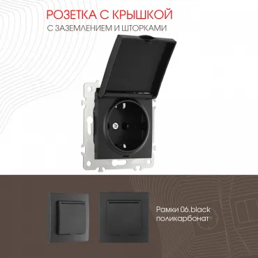 Розетка с заземлением, шторками и защитной крышкой, 16A 250V 206.41-1.black Розетка с заземлением, шторками и защитной крышкой, 16A 250V 206.41-1.black