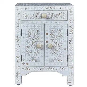Тумбочка с инкрустацией BONE INLAY BEDSIDE Белая