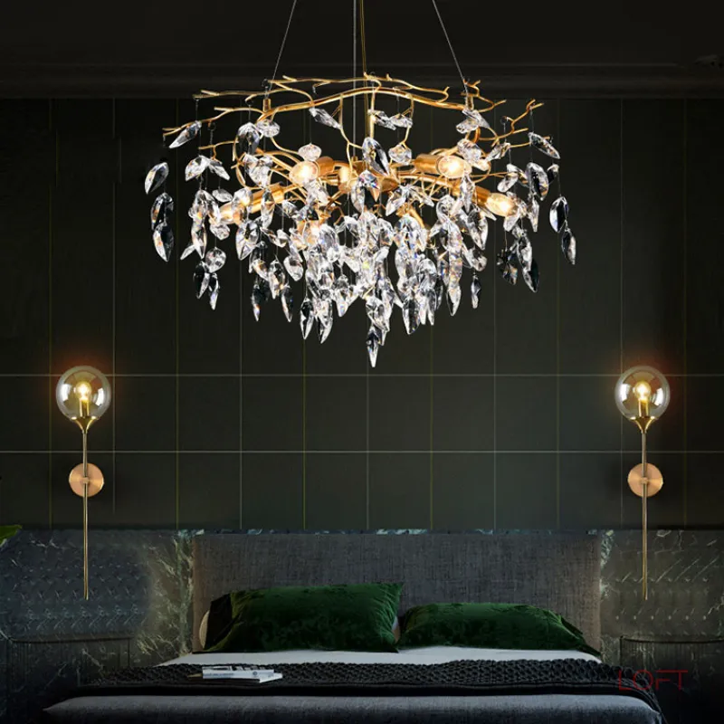 Подвесная люстра JASNA D67 с золотыми ветвями и стеклянными листьями от ImperiumLoft
