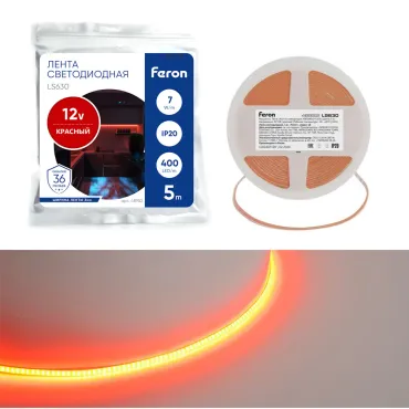 Светодиодная COB лента Feron LS630 400SMD(2110)/ 7Вт/м 12V 5000*3*1.8мм красный IP20 48952