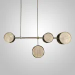 Светодиодный реечный светильник на стойках с дисковидными плафонами разного размера из фактурного стекла ручной работы и дополнительным направленными вниз источниками света ULF LONG от ImperiumLoft