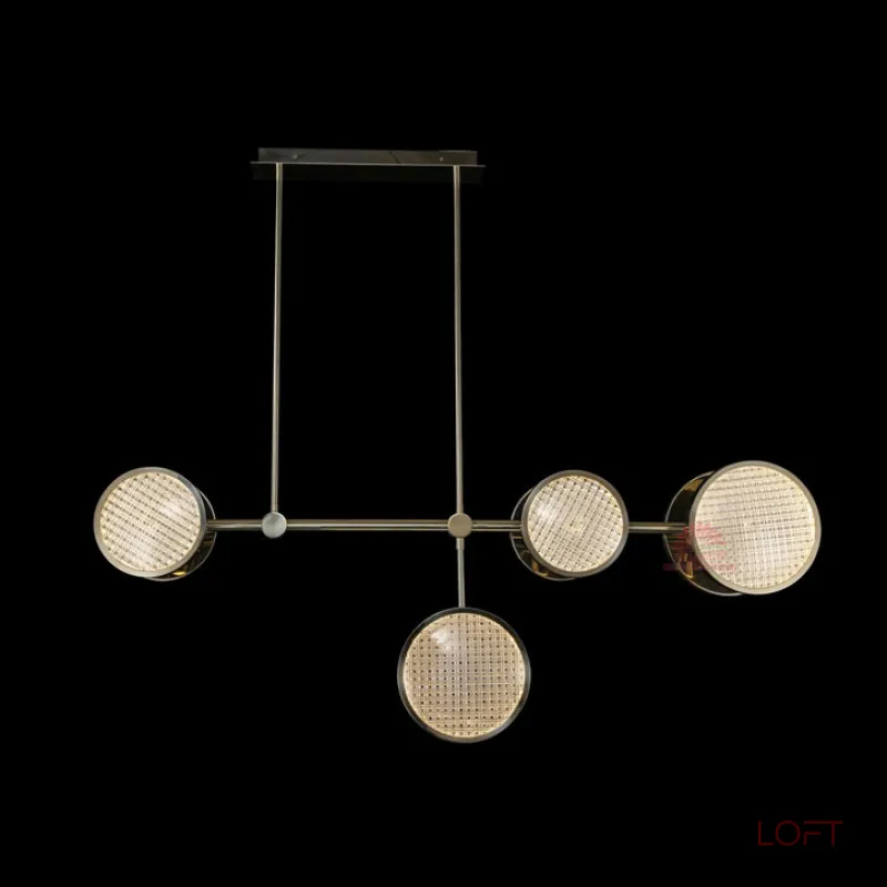 Светодиодный реечный светильник на стойках с дисковидными плафонами разного размера из фактурного стекла ручной работы и дополнительным направленными вниз источниками света ULF LONG от ImperiumLoft