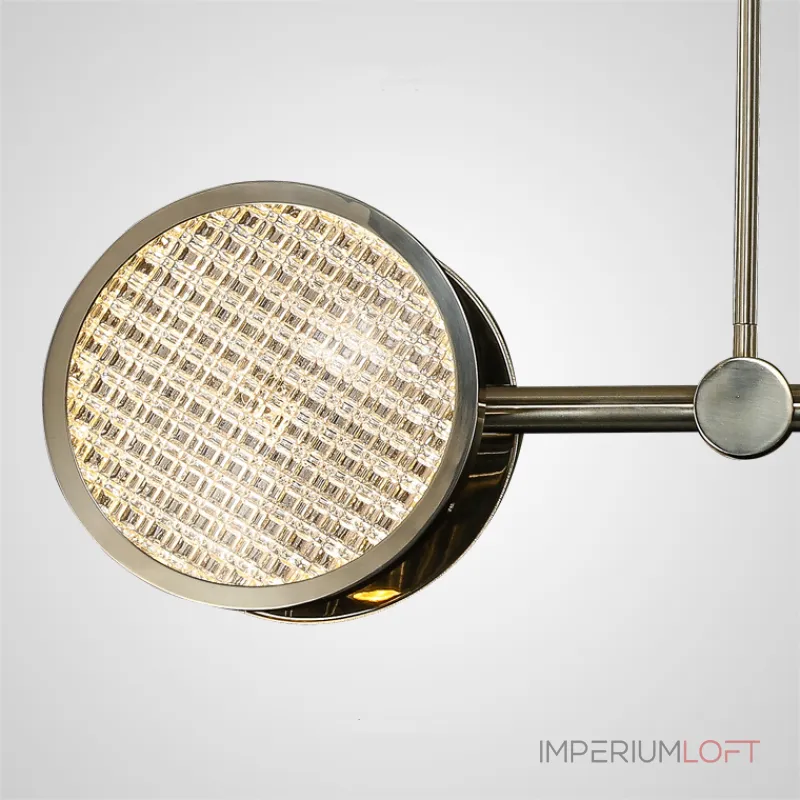 Светодиодный реечный светильник на стойках с дисковидными плафонами разного размера из фактурного стекла ручной работы и дополнительным направленными вниз источниками света ULF LONG от ImperiumLoft