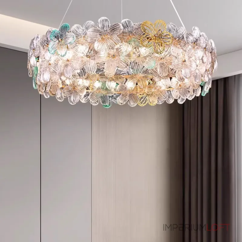 Подвесная люстра с цветочным декором из металла и прозрачного и окрашенного стекла на кольцевом каркасе TOTTI B D50 Blue от ImperiumLoft