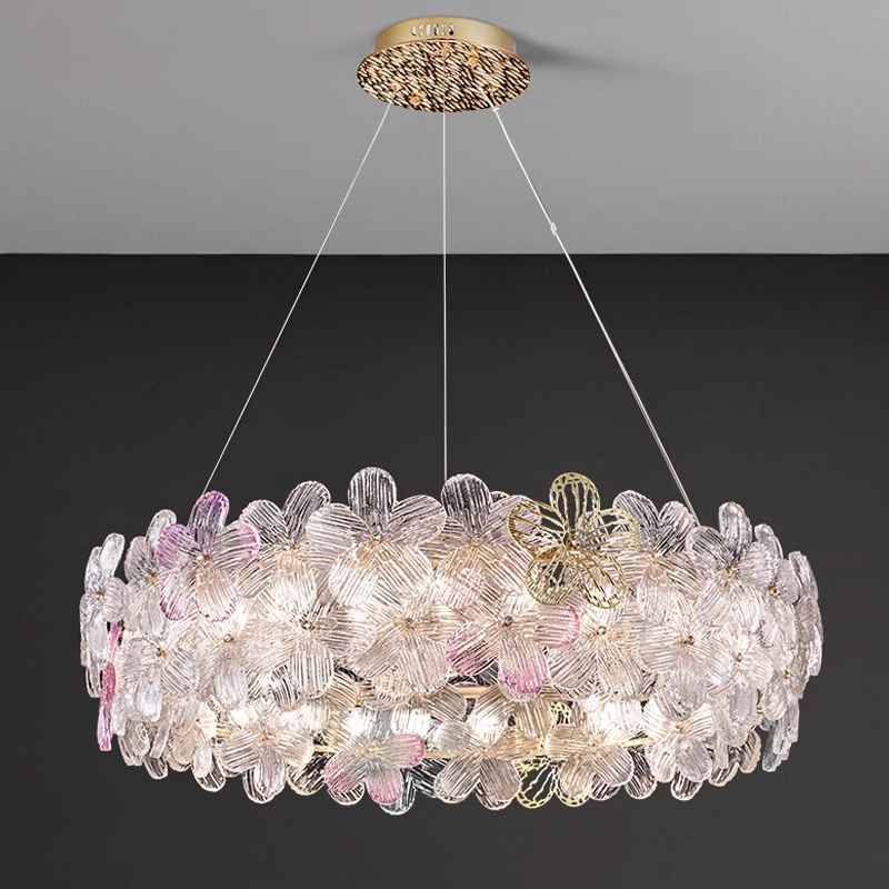 Подвесная люстра с цветочным декором из металла и прозрачного и окрашенного стекла на кольцевом каркасе TOTTI B D85 Purple от ImperiumLoft Подвесная люстра с цветочным декором из металла и прозрачного и окрашенного стекла на кольцевом каркасе TOTTI B D85 Purple от ImperiumLoft