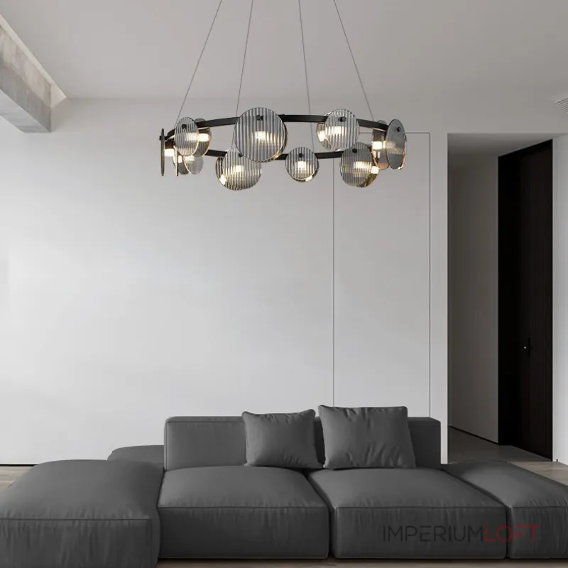 Серия светодиодных люстр с дисковидными рассеивателями из рельефного стекла разного размера на кольцевом каркасе RUTGER R D80 Black от ImperiumLoft Серия светодиодных люстр с дисковидными рассеивателями из рельефного стекла разного размера на кольцевом каркасе RUTGER R D80 Black от ImperiumLoft