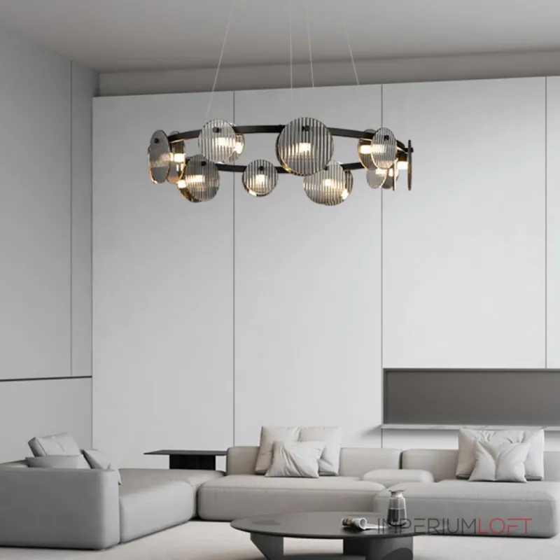 Серия светодиодных люстр с дисковидными рассеивателями из рельефного стекла разного размера на кольцевом каркасе RUTGER R D80 Black от ImperiumLoft Серия светодиодных люстр с дисковидными рассеивателями из рельефного стекла разного размера на кольцевом каркасе RUTGER R D80 Black от ImperiumLoft