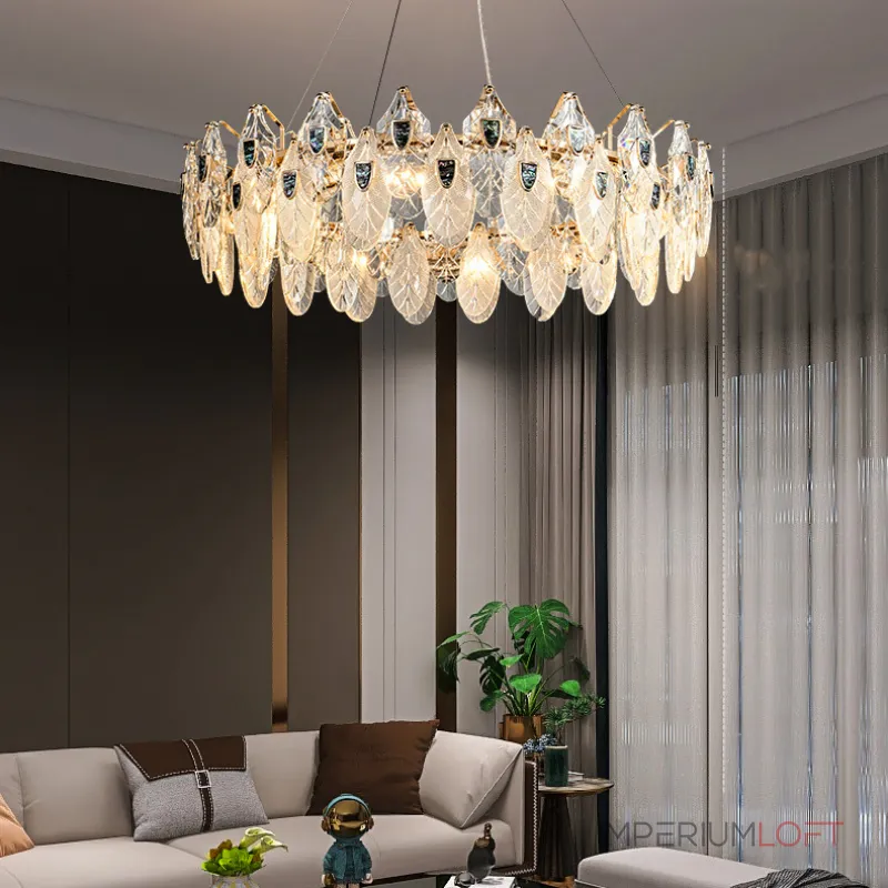 Серия люстр из хрустальных подвесок с разной фактурой в виде стилизованных листьев и вставками из перламутра на кольцевом каркасе RAIMON D60 от ImperiumLoft