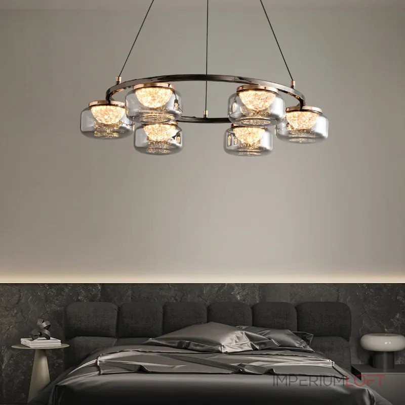 Серия люстр с LED-источниками света в полусферических рассеивателях с эффектом льда внутри стеклянных плафонов MAYER RING D100 от ImperiumLoft