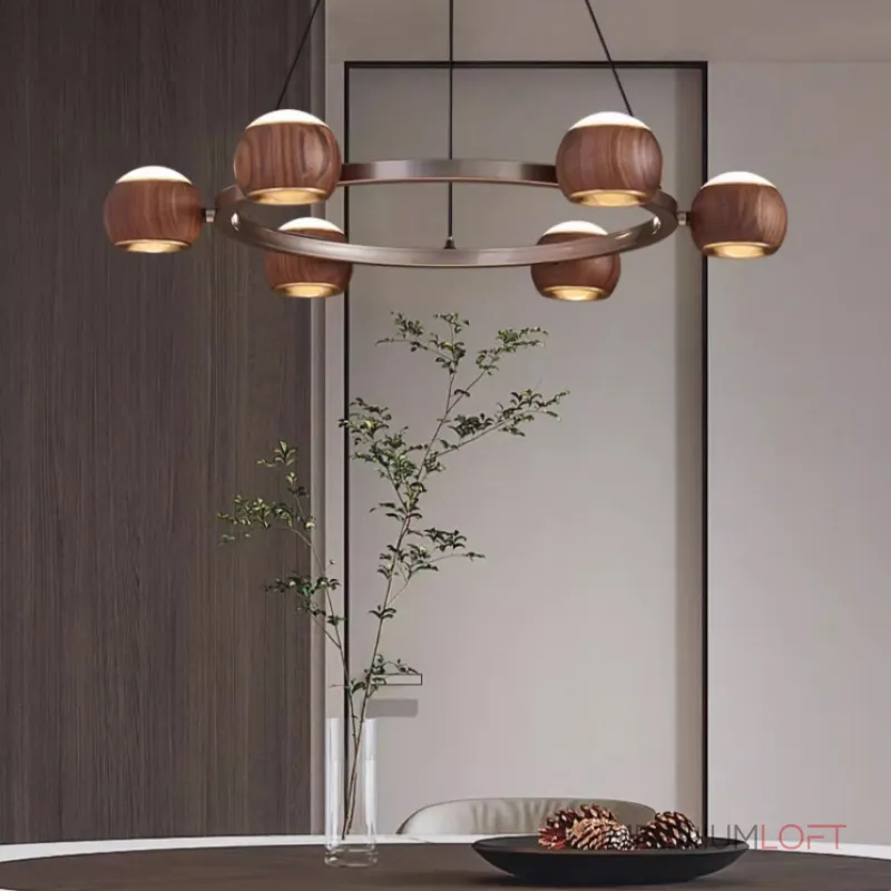 Подвесная люстра с шарообразными плафонами из металла и массива дерева c двунаправленным LED-свечением на кольцевом каркаса ERNAR от ImperiumLoft