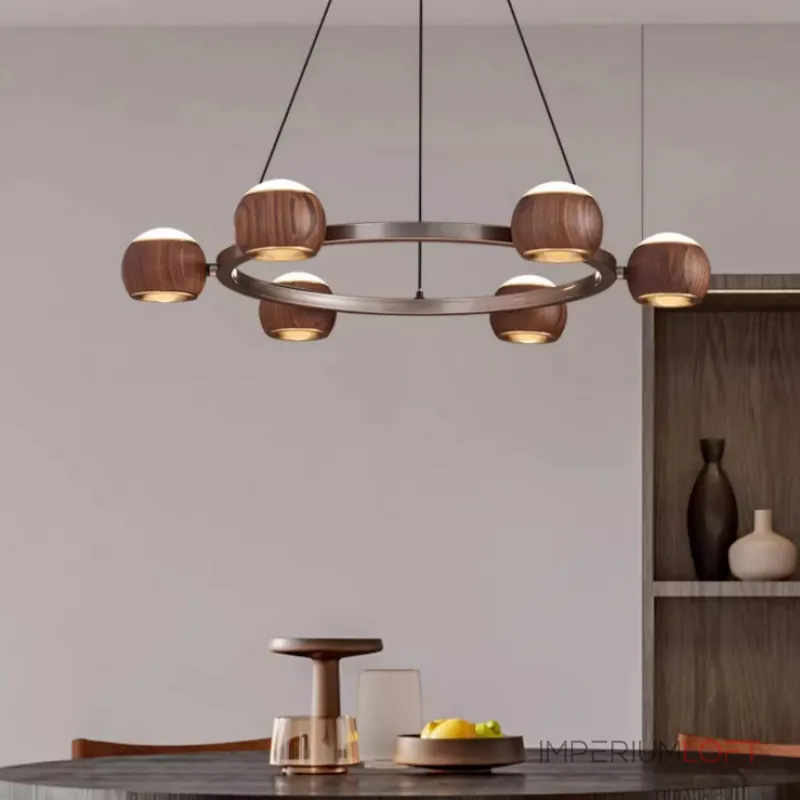 Подвесная люстра с шарообразными плафонами из металла и массива дерева c двунаправленным LED-свечением на кольцевом каркаса ERNAR от ImperiumLoft