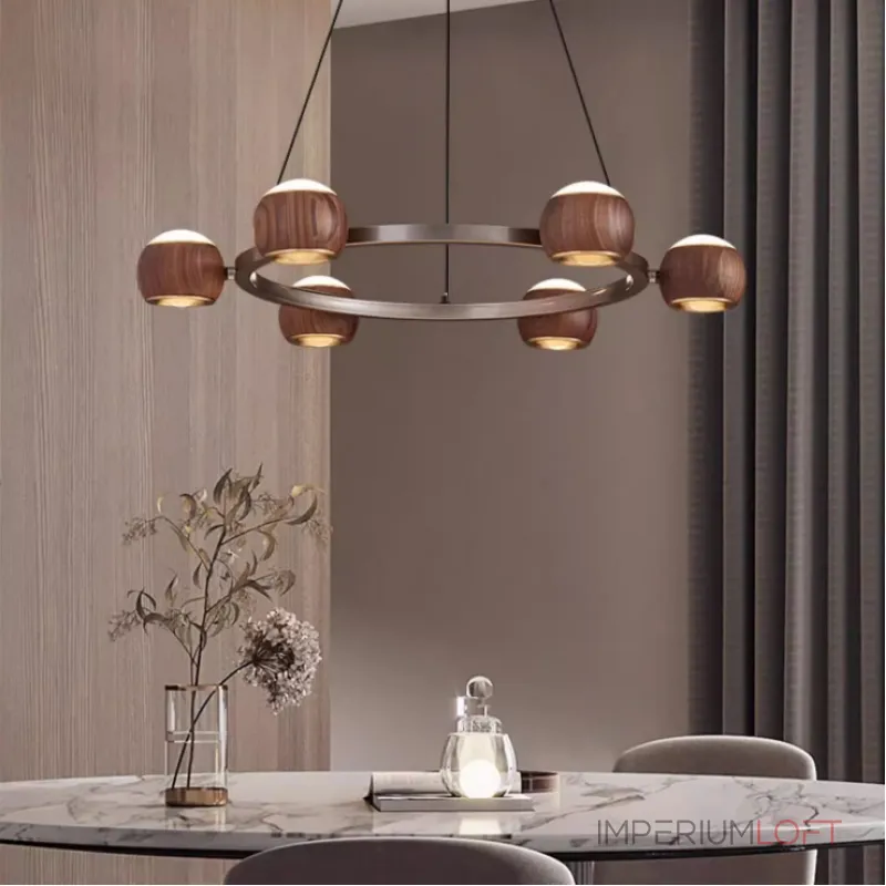 Подвесная люстра с шарообразными плафонами из металла и массива дерева c двунаправленным LED-свечением на кольцевом каркаса ERNAR от ImperiumLoft