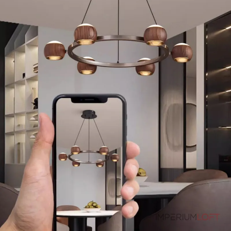 Подвесная люстра с шарообразными плафонами из металла и массива дерева c двунаправленным LED-свечением на кольцевом каркаса ERNAR от ImperiumLoft