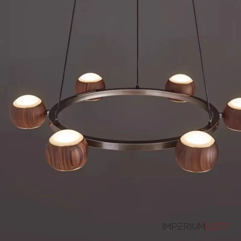 Подвесная люстра с шарообразными плафонами из металла и массива дерева c двунаправленным LED-свечением на кольцевом каркаса ERNAR от ImperiumLoft