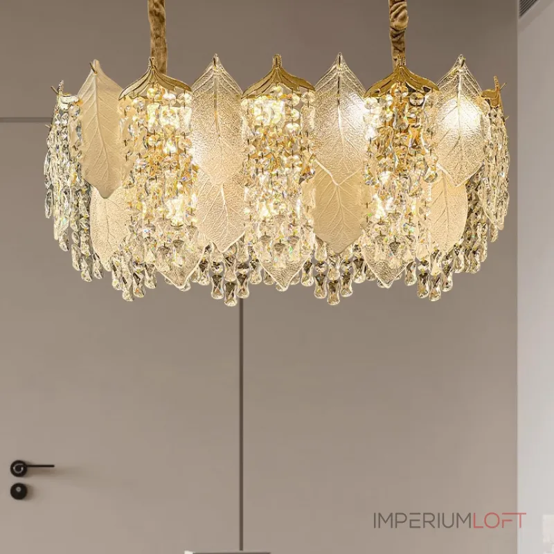 Серия люстр с многоярусным абажуром из подвесок в виде листьев из стекла и декором из хрустальных бусин разной формы VIRGILIO от ImperiumLoft