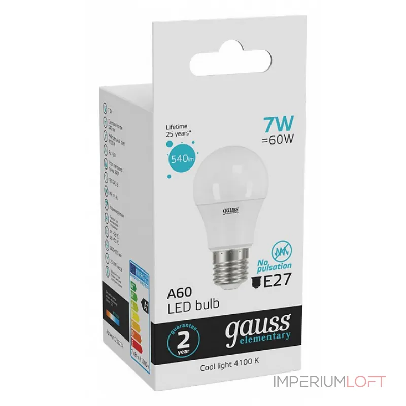 Лампа светодиодная Gauss Led Elementary A60 E27 7Вт 4100K 23227A Цвет арматуры золото Цвет плафонов золото от ImperiumLoft