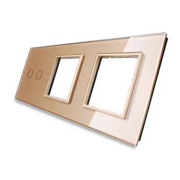 Золотая рамка для двухклавишного сенсорного выключателя с двумя розетками Золотая рамка для двухклавишного сенсорного выключателя с двумя розетками