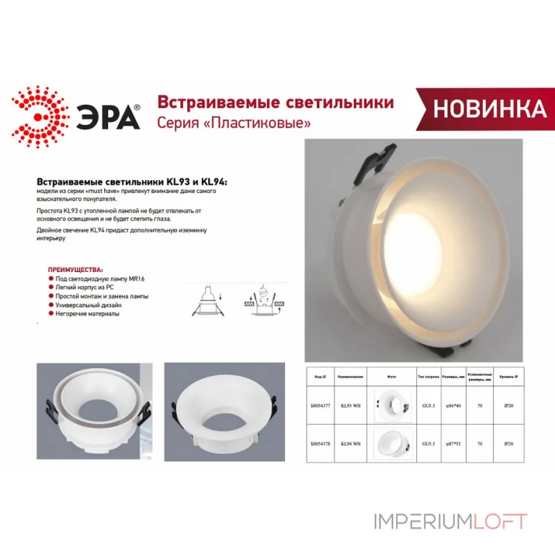 Встраиваемый светильник Эра KL94 WH Б0054378 от ImperiumLoft