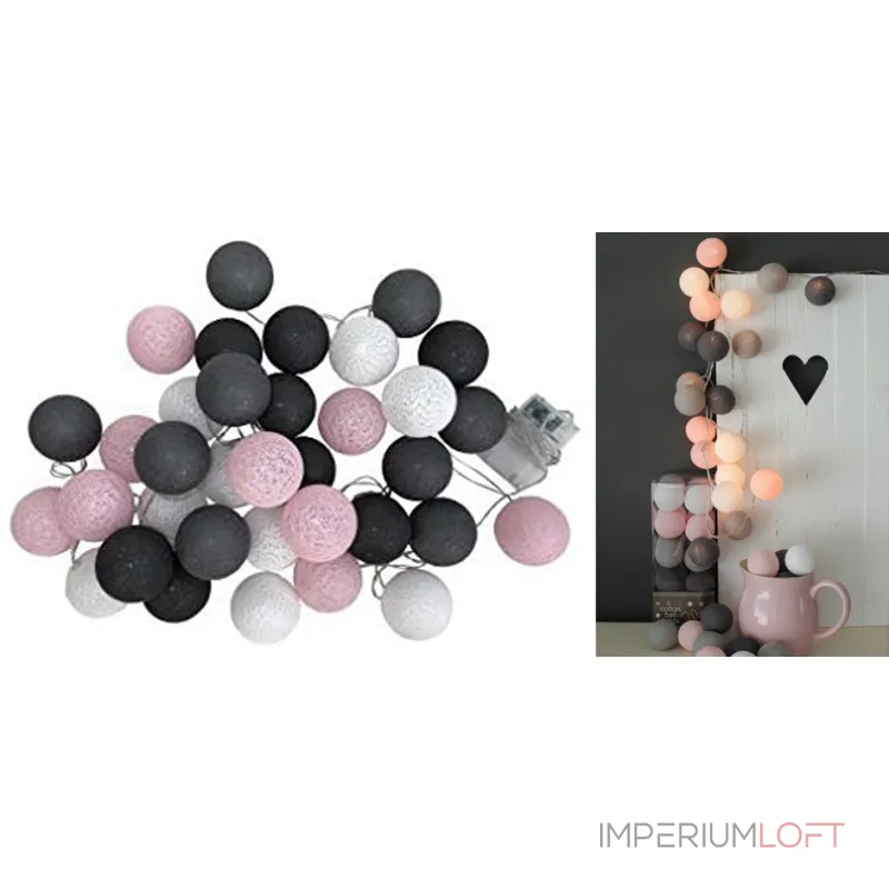 Гирлянда хлопковые фонарики Сotton Ball Pink-Grey от ImperiumLoft Гирлянда хлопковые фонарики Сotton Ball Pink-Grey от ImperiumLoft