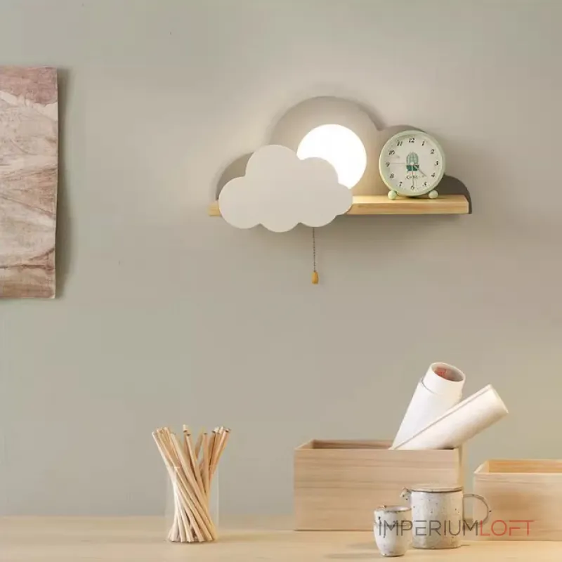Настенный светильник с белым шарообразным плафоном на деревянной полочке с декоративными облаками Бра CUTE PINK от ImperiumLoft