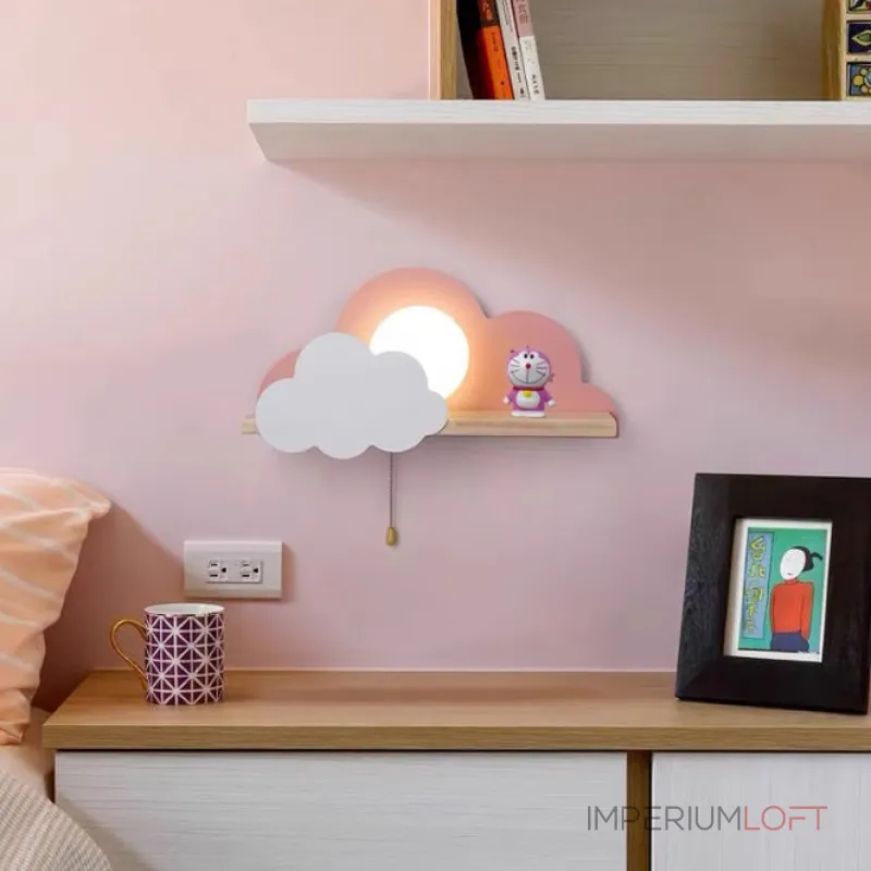 Настенный светильник с белым шарообразным плафоном на деревянной полочке с декоративными облаками Бра CUTE WHITE от ImperiumLoft