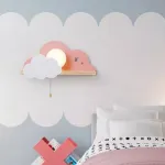 Настенный светильник с белым шарообразным плафоном на деревянной полочке с декоративными облаками Бра CUTE GREY от ImperiumLoft