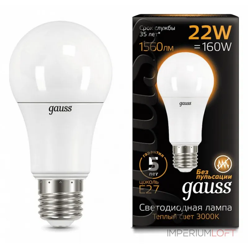 Лампа светодиодная Gauss LED A70 E27 22Вт 3000K 102502122 Цвет арматуры белый Цвет плафонов белый от ImperiumLoft Лампа светодиодная Gauss LED A70 E27 22Вт 3000K 102502122 Цвет арматуры белый Цвет плафонов белый от ImperiumLoft