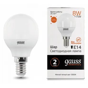 Лампа светодиодная Gauss LED Elementary Globe E14 8Вт 3000K 53118 Лампа светодиодная Gauss LED Elementary Globe E14 8Вт 3000K 53118